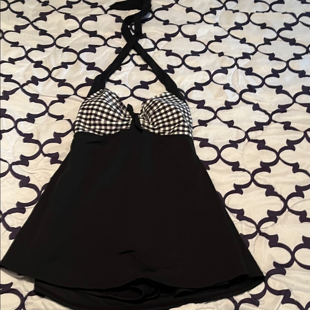 COCOSHIP Black Swim One Piece with Black-and-White Gingham Bust